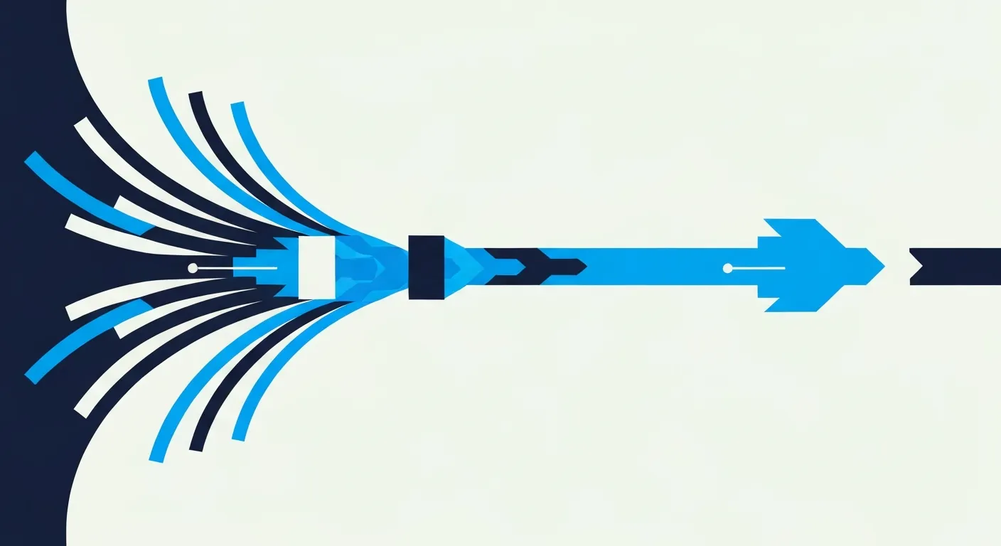 Minimal editorial illustration of tangled process arrows resolving into one clean line, representing supplier spend being simplified into clear savings
