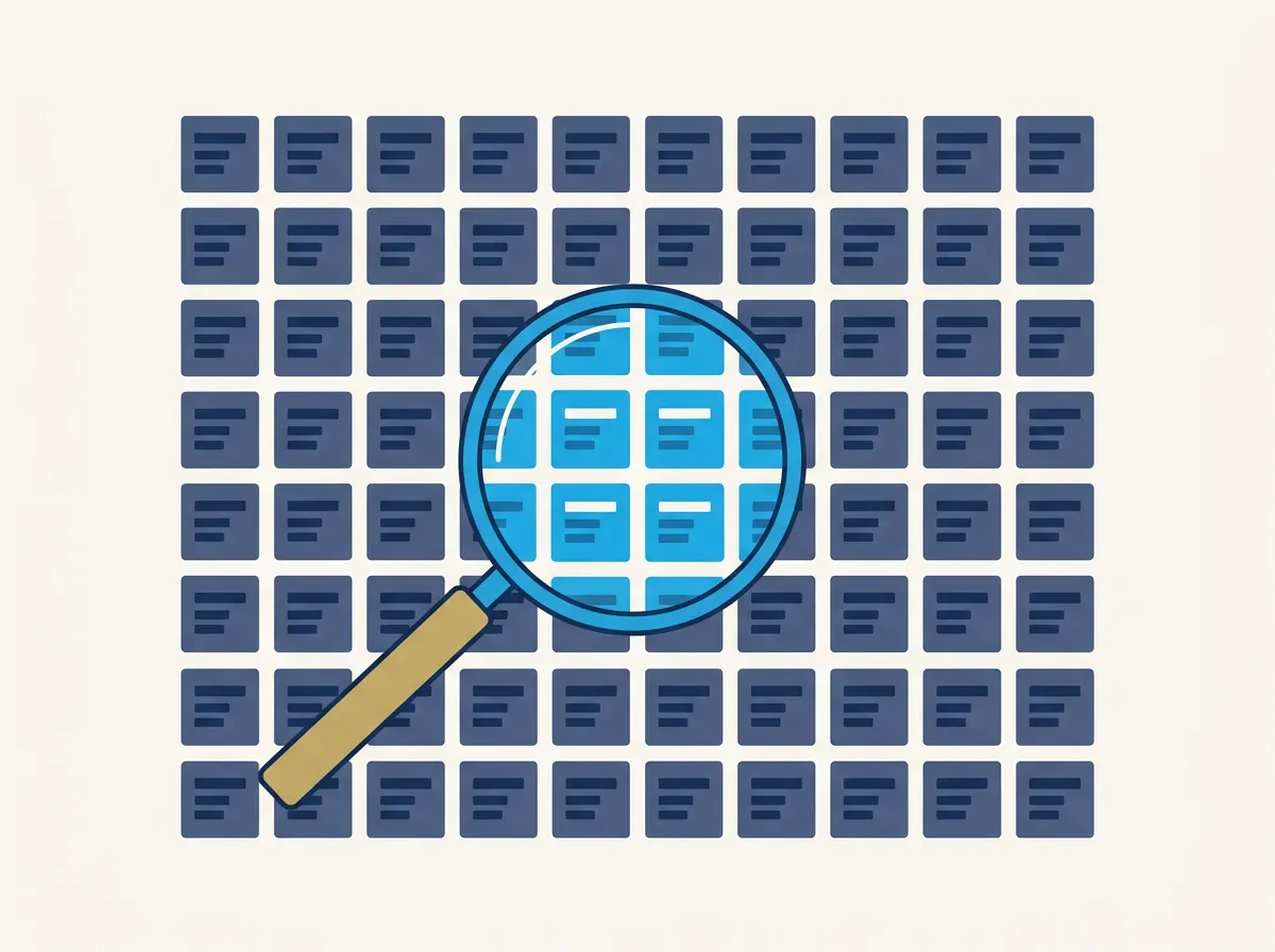 Minimal illustration of a magnifying glass reviewing data entries, representing Opsergo reviewing supplier spend for savings