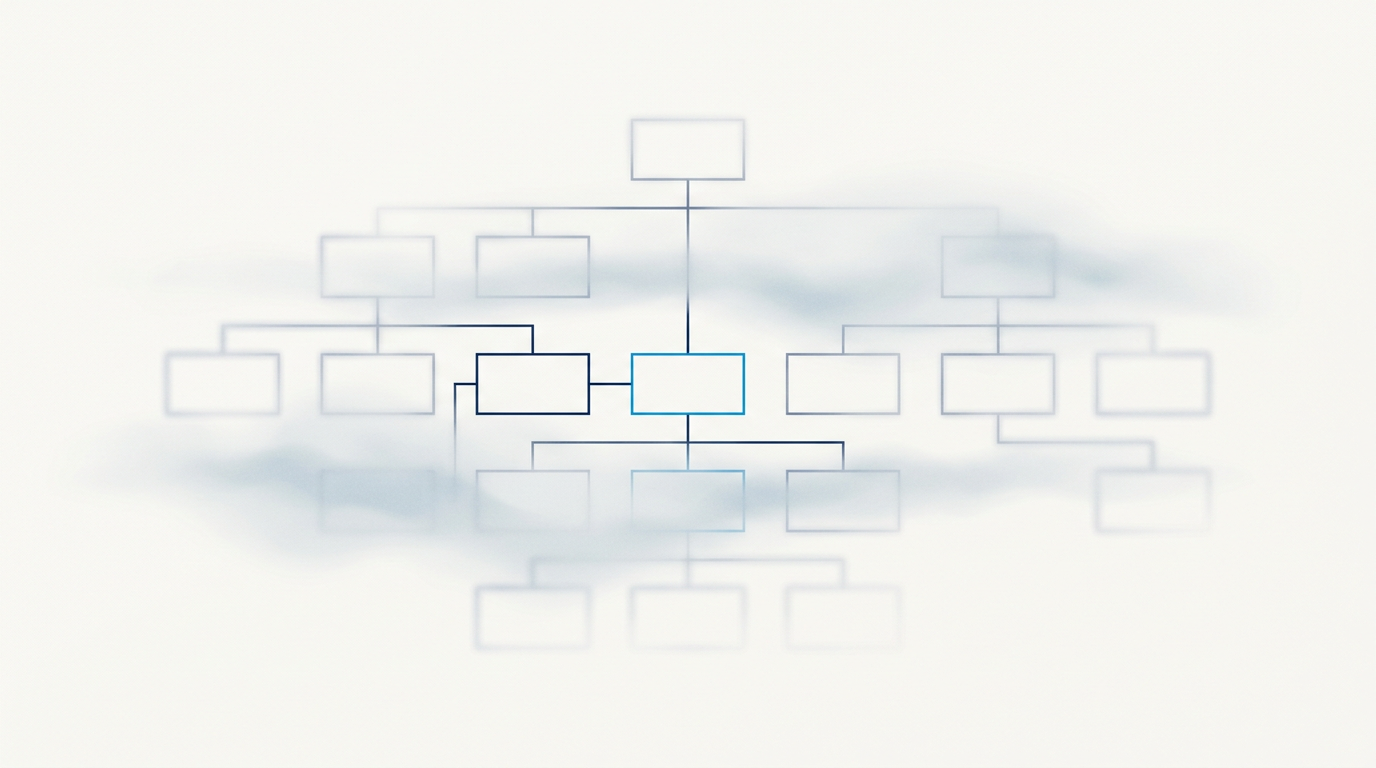 A simple org chart fading into fog, with one middle box drawn clearly as the only route between the top and the team below.